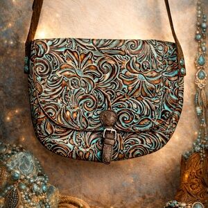 Patricia Nash Floral Embossed Brown and Blue Leather Shoulder Bag